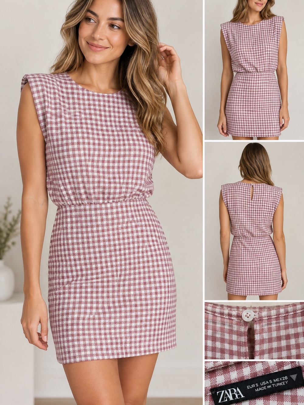 Zara Women’s M Pink & White Gingham Mini Dress Sleeveless Gathered Waist